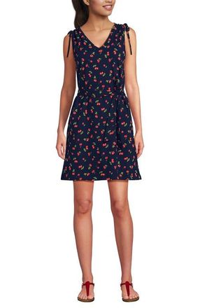 Lands End Cotton Jersey Shoulder Tie Belted Mini Dress in Deep Sea Navy/cherries at Nordstrom, Size X-Large
