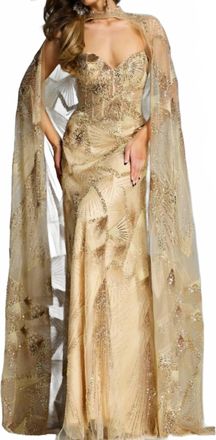 Jovani Cape Sleeve Embellished Dress In Gold