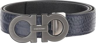 Ferragamo Omkeerbare leren riem met haken - Heren - Riemen - Blauw - 105 CM - Leer - Accessoires