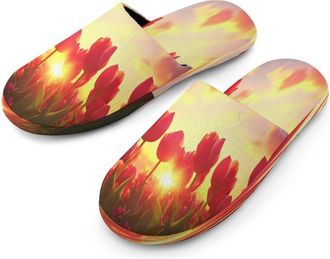 Generic Tulip Flower Blossoming Sunset Mens Flannel Slipper Soft Comfy House Shoes Non Slip Winter Warm Indoor Outdoor Slippers