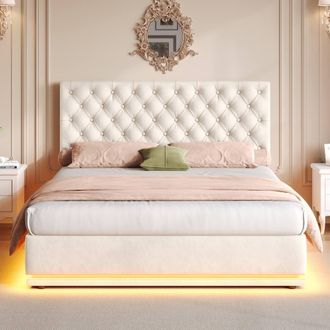 Merax 4ft6 Double Velvet Ottoman Bed with LED & Tufted Headboard in Beige