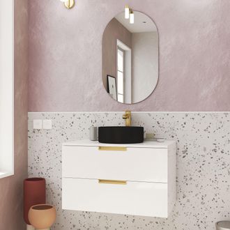Aurlane Aurlane - Mueble De Ba&ntilde;o 80 Cm Blanco Y Oro - Lavabo Negro- Espejo Y Aplique Led