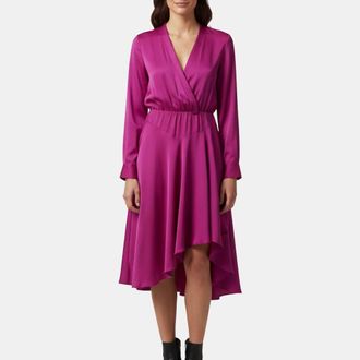 Maje Pink Satin Crepe Asymmetric Rushia Midi Dress