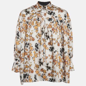 Victoria Beckham Off-White Floral Print Satin Ruffled Top