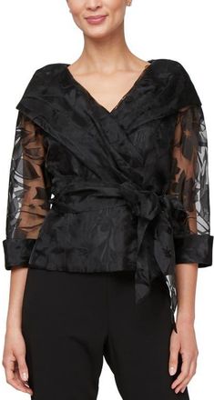Alex Evenings Floral Tie Belt Illusion Three-Quarter Sleeve Top in Black at Nordstrom, Size X-Large
