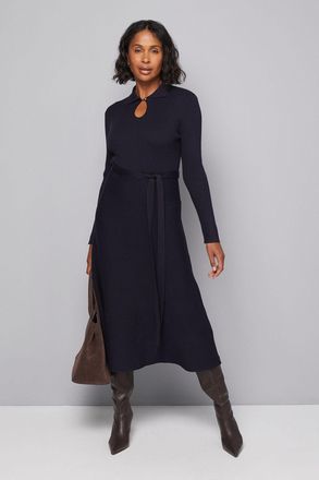 Wallis Womens Keyhole Collared Belted Knitted Midi Dress - Navy Viscose - Size X-Large
