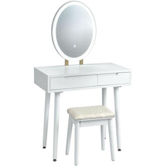 Costway Vanity Table Set with Lighted Mirror & 3 Color Lighting Modes-White
