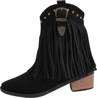 Generic Womens Ankle Boots Casual Fringe Western Booties Pointed Toe Stylish Chunky Heel Classic Comfortable Slip On Cowboy Boots Party Leisure