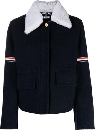 Thom Browne RWB-striped shearling-collar jacket - women - Wool/Cashmere/Sheep Skin/Shearling - 42 - Blue