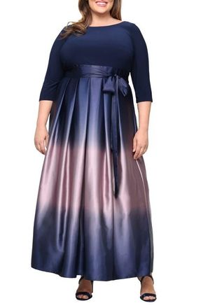 S.L. Fashions Three-Quarter Sleeve Jersey Bodice Ombr&eacute; Satin A-Line Gown in Navy/mauve at Nordstrom, Size 14W