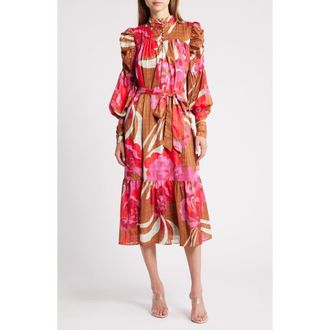 Ciebon Adele Floral Print Long Sleeve Midi Dress in Maroon Multi at Nordstrom Rack, Size X-Small