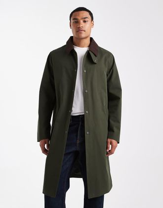 New Look Impermeabile taglio lungo kaki scuro con colletto in velluto a coste-Verde