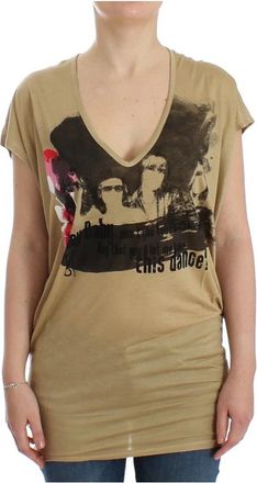 Costume National Beige Motief Print V-Hals T-Shirt - Dames - T-shirts - Beige - S - Rayon - Tops