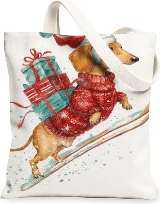 Generic Holiday Dog Canvas Tote Bags, Cute Animal Design Reusable Grocery Bags, Winter Fun Lightweight Washable Shoulder Strap Canv, White, 13x15 Inch