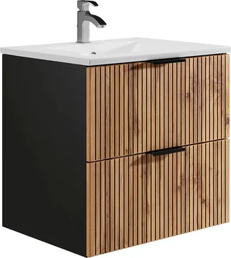 Vente-Unique Mobile Per Bagno Sospeso Con Scanalature E Lavabo Da Incasso 60 Cm Naturale Chiaro E Nero - Madela