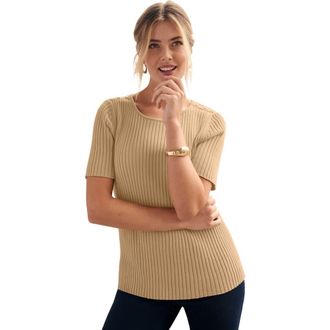 Jessica London Button Ribbed Knit Pullover Sweater in Soft Camel at Nordstrom, Size Small