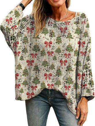 Generic Womens Christmas Knitted Jumper Crochet Jumper Oversize Christmas Jumper Elegant Round Neck Thin Long Sleeve Jumper Soft Knit Sweater Warm Winter Swea