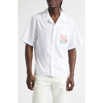 Casablanca Graphic Icons Embroidered Cotton Camp Shirt in Plain Shirting at Nordstrom, Size X-Large