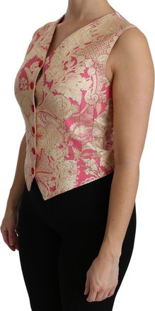 Dolce & Gabbana Womens Pink Gold Brocade Waistcoat Vest Blouse Top And