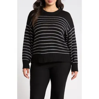 Eileen Fisher Stripe Organic Cotton Crewneck Sweater in Black White at Nordstrom, Size 2X