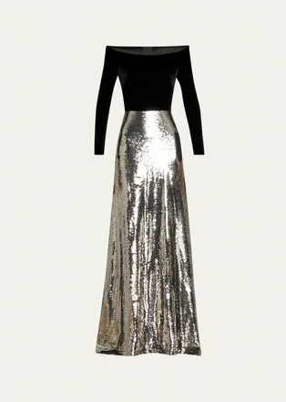 Monique Lhuillier Off-The-Shoulder Velvet Long-Sleeve Sequined Gown
