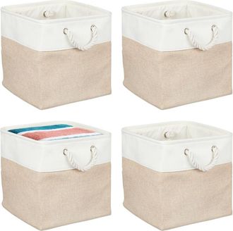 Relaxdays Relaxdays - Storage Basket, Set of 4, Linen, with Rope Handles, 30x30x30 cm, for Clothes and Toys, Shelf Box, Beige/White