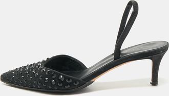 Giuseppe Zanotti Black Satin Crystal Embellished Slingback Pumps
