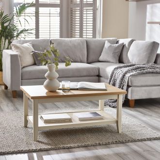Furniturebox Solid Wood Coffee Table - Eden Wooden Coffee Table - Pale Oak Stain Tabletop Cream Legs - Bright Modern Take on Classic Farmhouse