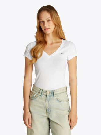 Tommy Jeans Kurzarmshirt TOMMY JEANS TJW SLIM V-NECK TEE, Damen, Gr. XL (42), weiss (wei&szlig;), Single Jersey, Obermaterial: 100% Baumwolle, unifarben, slim fit h&uuml;ftl