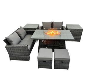 Fimous Outdoor Love Sofa Set 6 Seat & Gas Firpit Dining Table 2 Side Table in Dark Grey