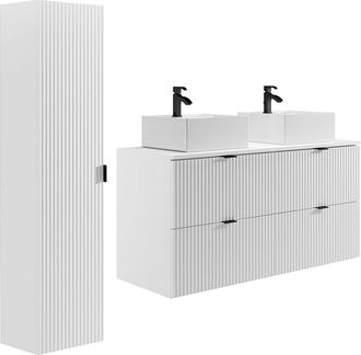 Vente-Unique Mueble de ba&ntilde;o suspendido estriado con lavabo cuadrado sobre encimera y columna - Blanco mate - 120 cm - ZEVINI