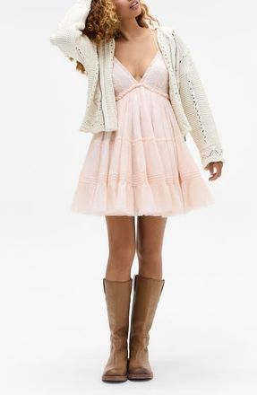 BDG Aria Embroidered Tiered Cotton Babydoll Dress in Pink at Nordstrom, Size X-Large