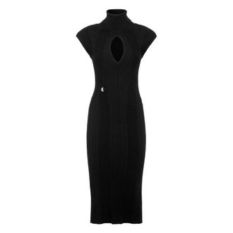 Philipp Plein Kleedjes, Dames, Zwart, L, Leer, Padded Shoulder Knit Midi Dress