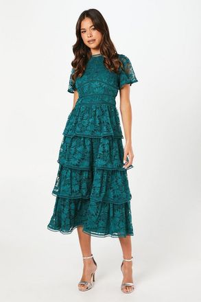 Coast Petite Tiered Lace Dress With Flutter Sleeve & Trims