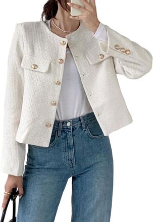 Generic Casual Blazers for Women Tweed Cropped Blazers Jackets 2025 Trendy Elegant Round Neck Pockets Business Casual Suits Coat Beige Medium