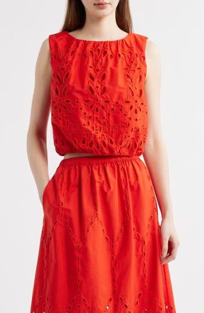 Madewell Embroidered Sleeveless Poplin Bubble Top in Wild Poppy at Nordstrom, Size Xx-Small