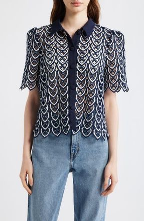Milly Addison Sheer Lace Top in Navy/White at Nordstrom, Size X-Small