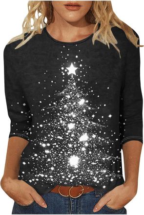 Generic Ugly Christmas T Shirts for Women Light Up Christmas Tree Printed Tops Oversized Pullover 3/4 Sleeve Tunic Tees Novelty Sparkly Xmas Graphic Shirt Nov