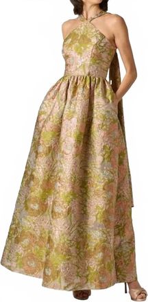 Aidan Mattox Floral Jacquard Halter Scarf Neckline Long Dress In Pink Multi