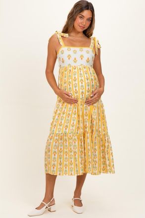 Pinkblush Striped Floral Shoulder Tie Midi Dress in Yellow at Nordstrom, Size Medium