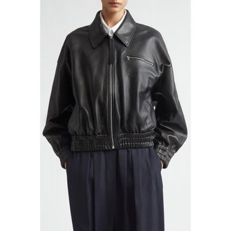 Jil Sander Boxy Sheepskin Leather Zip Blouson Jacket in Black at Nordstrom, Size 4 Us