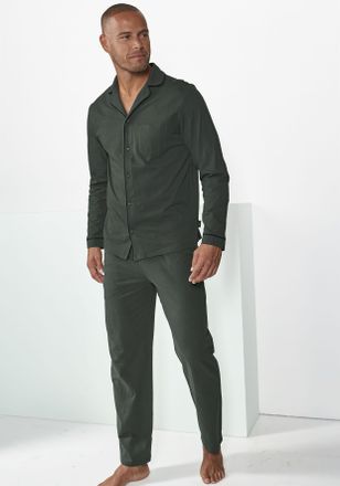 s.Oliver Pyjama S.OLIVER, Herren, Gr. 60/62 (XXL), gr&uuml;n (khaki), Jersey, Obermaterial: 100% Baumwolle, unifarben mit Farbeinsatz, bequem lang, Rundhals, Mansch