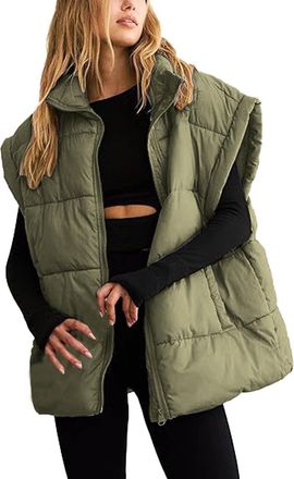 Generic Womens Oversized Puffer Vest Stand Collar Full Zip Sleeveless Puffer Vest Quilted Padded Warm Coat Outwear