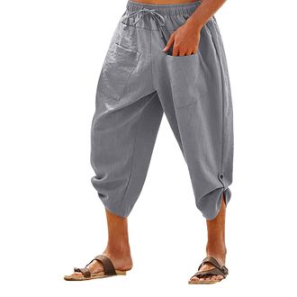 Generic Mens Cotton Linen Cropped Trousers Harem 3/4 Length Shorts Casual Beach Yoga Hippie Thai Shorts Elastic Waist Drawstring Breathable Comfortable Casual
