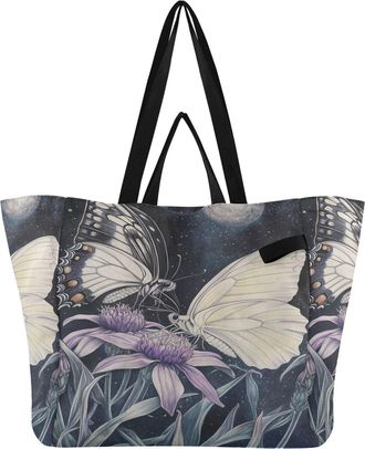Generic Butterfly Moon White pattern Reusable Canvas Tote Bag, Heavy Duty Grocery Shopping Bag with Large Capacity Double Handles Hard Bottom Work Groceries T