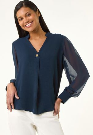 Roman Chiffon Sleeve V-Neck Pleated Top
