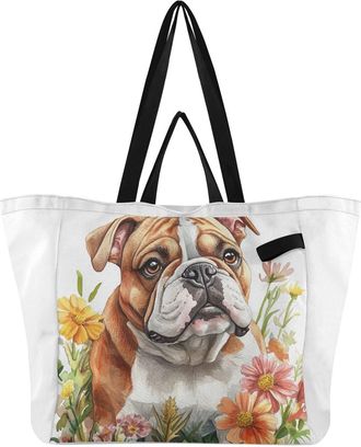 Generic Bulldog Flowers print Reusable Canvas Tote Bag, Heavy Duty Grocery Shopping Bag with Large Capacity Double Handles Hard Bottom Work Groceries Travel
