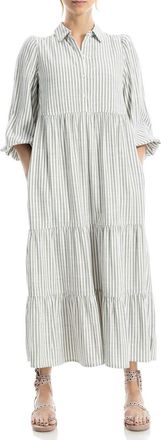 Max Studio Stripe Tiered Maxi Shirtdress in Ivory/Olive Contrast Stripe at Nordstrom Rack, Size X-Small