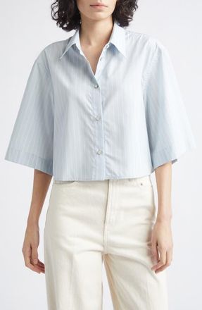 Helmut Lang Stripe Button-Up Cotton Blend Crop Top in Light Blue Multi at Nordstrom, Size X-Small