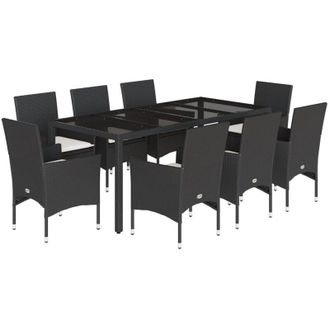 vidaXL Set Comedor Jard&iacute;n 9 Pzas Cojines Rat&aacute;n Sint&eacute;tico Vidrio Negro Vidaxl